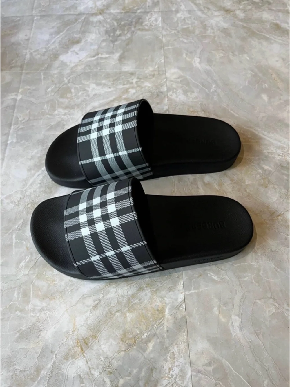 Burberry Black & White Check Slide Sandals